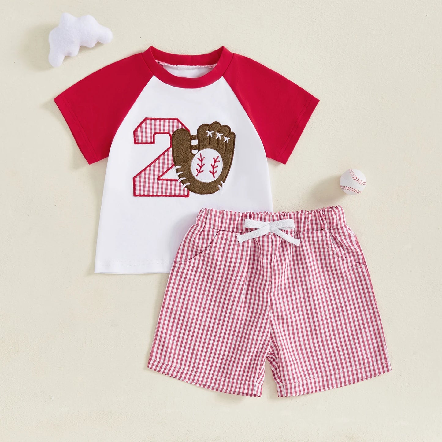 Summer Baby Boys Birthday Baseball Outfit Set - Letter Embroidery T-Shirt & Plaid Shorts (0-3Y)