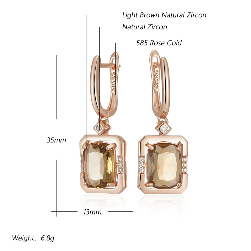 Women's Square 585 Rose Gold Colour Light Brown Natural Zircon Drop Earrings