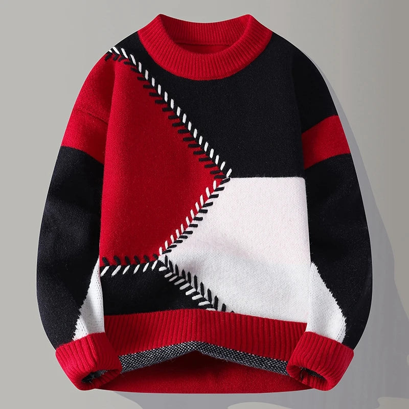 Men's Autumn Winter Patchwork O-Neck Knit Sweater - Casual Warm Pullover