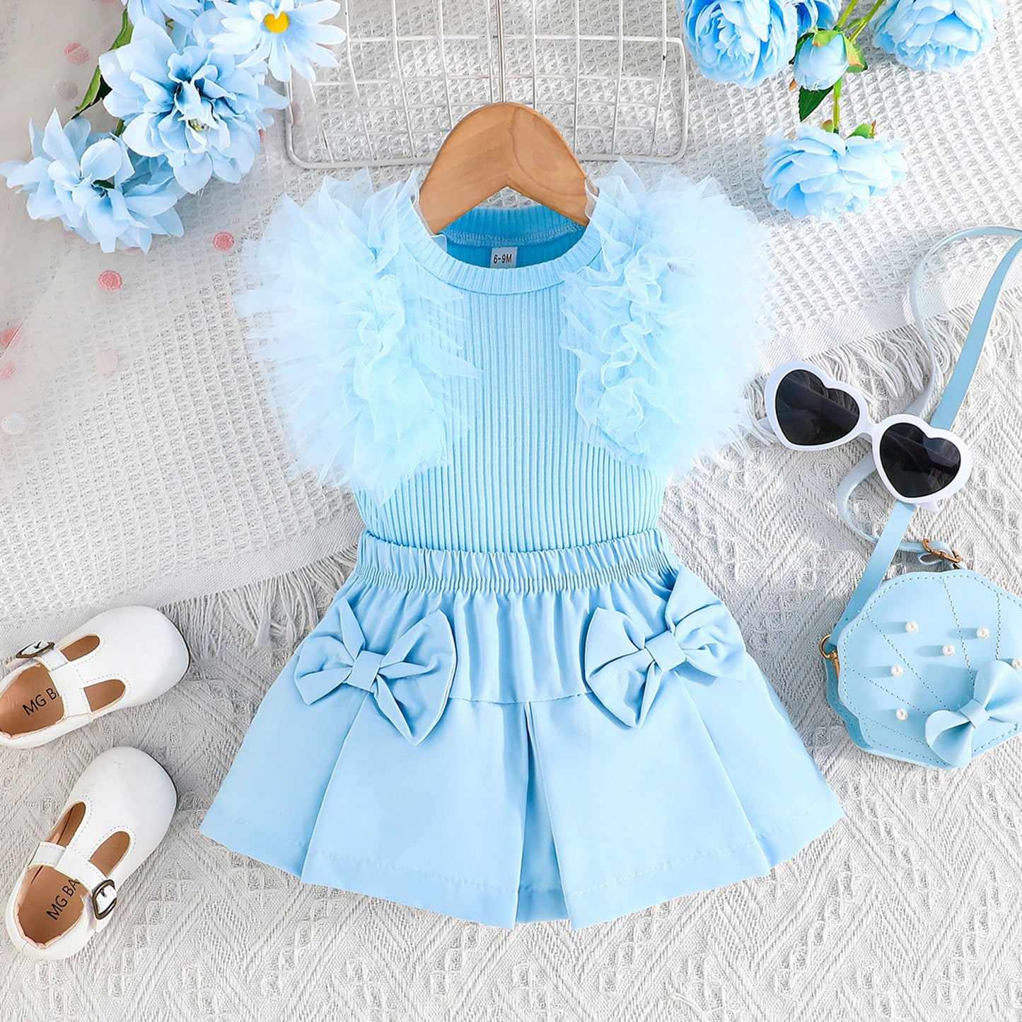 Baby Girls Summer Clothes Set - Tulle Ruffled Tank Top & Bow Pleated Skirt