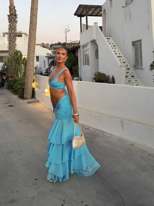 Women's 3-Piece Ruffle Bikini Set with Maxi Skirt - Halter Style Beach Wear
