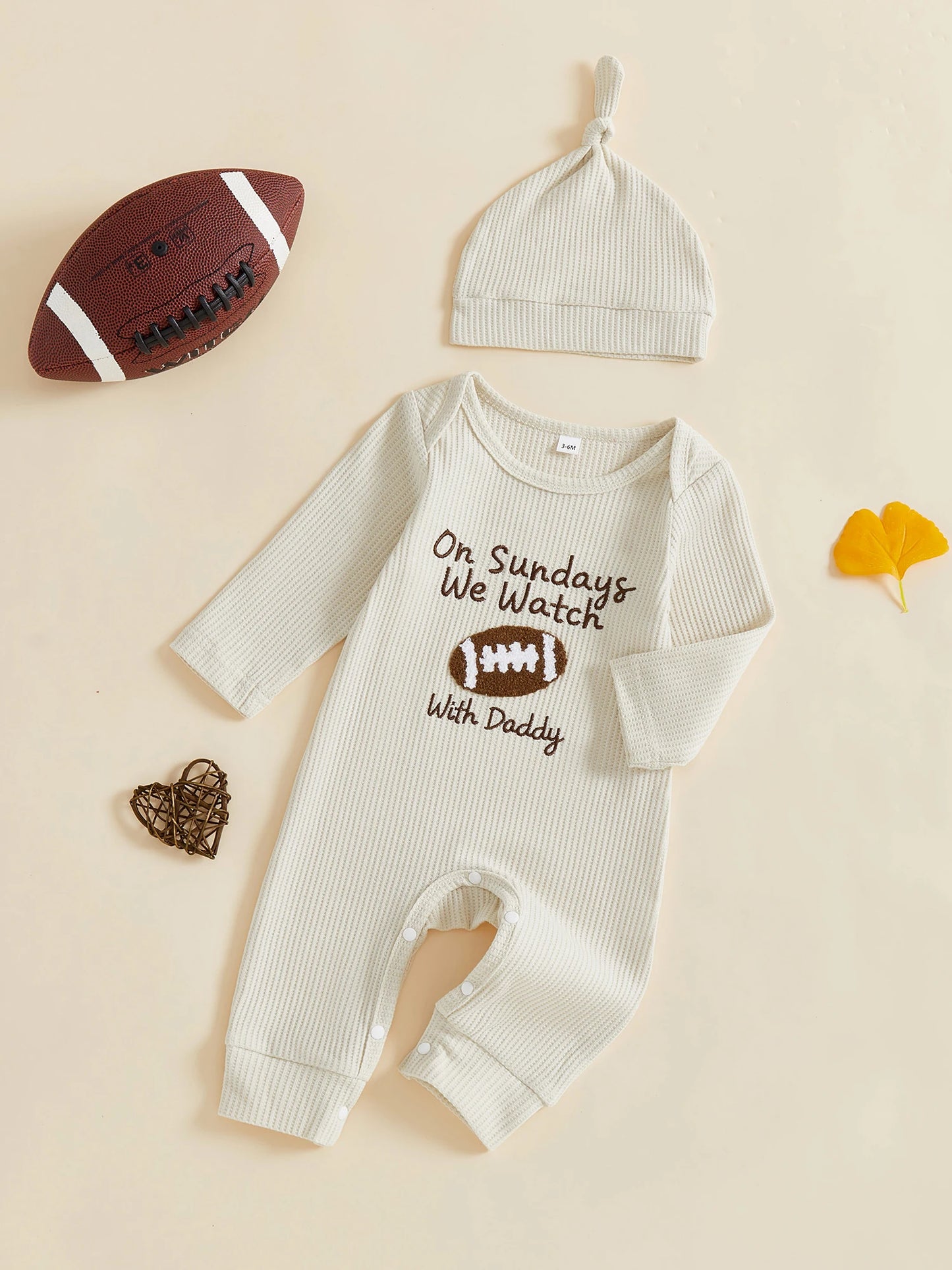 Newborn Baby Football Romper with Hat - Letter Embroidery Long Sleeve Full Length Jumpsuit