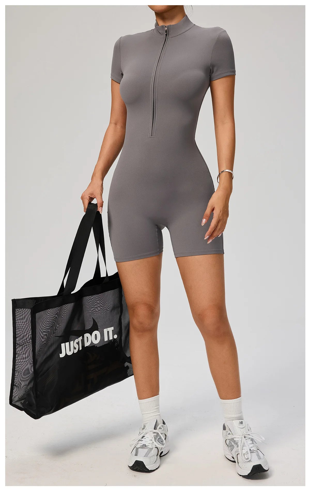 Zipper Front Jumpsuit - Short Sleeve Nylon Workout Set for Gym & Yoga