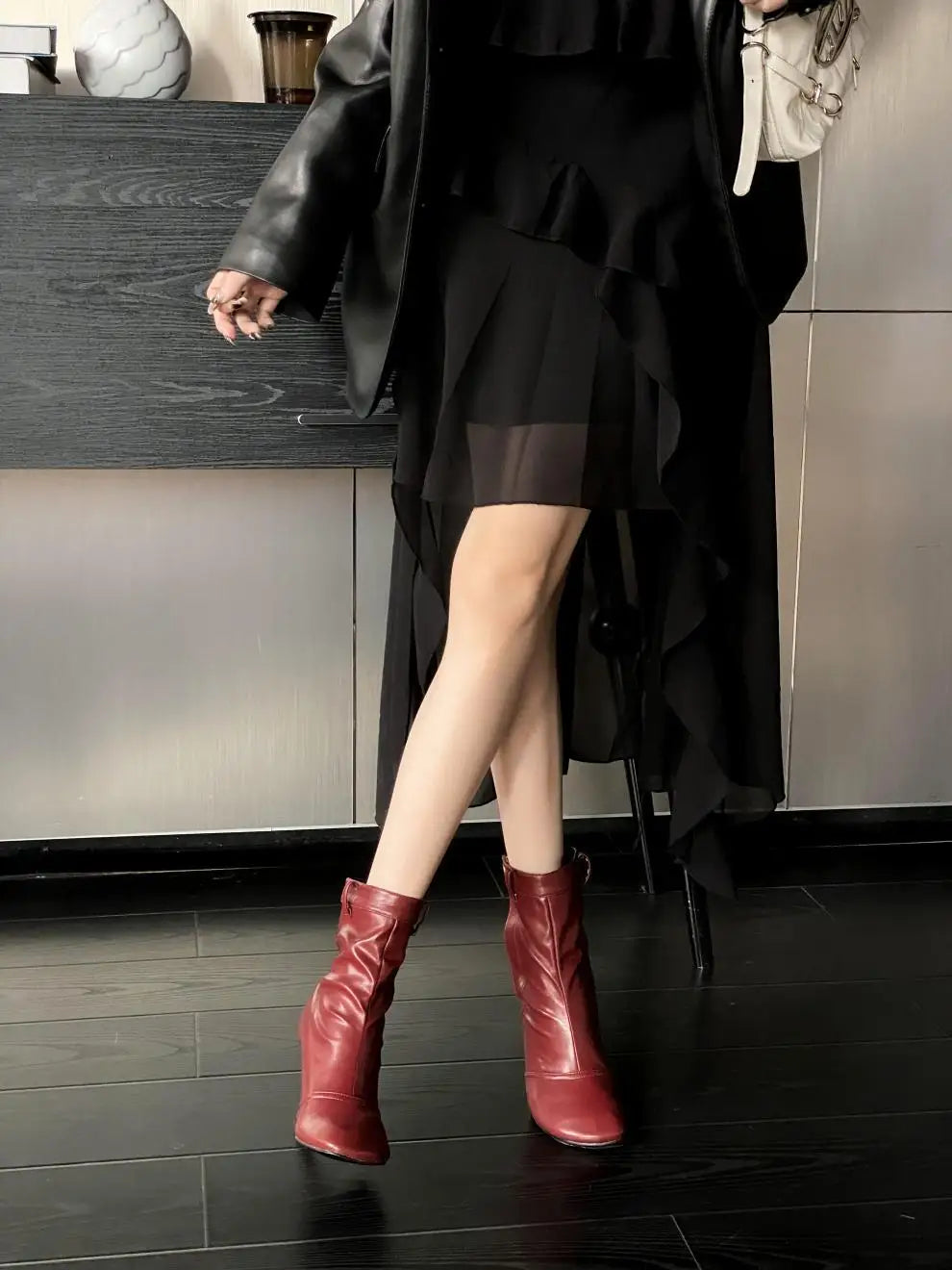 Round Toe Ankle Boots - Metal Button Detail with Side Zipper