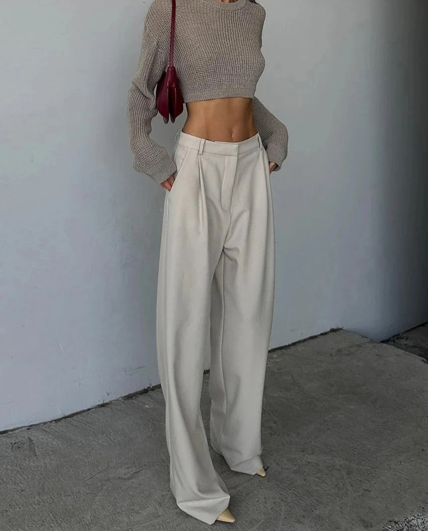 Women's Loose Apricot High Waist Casual Classic Wide Trousers