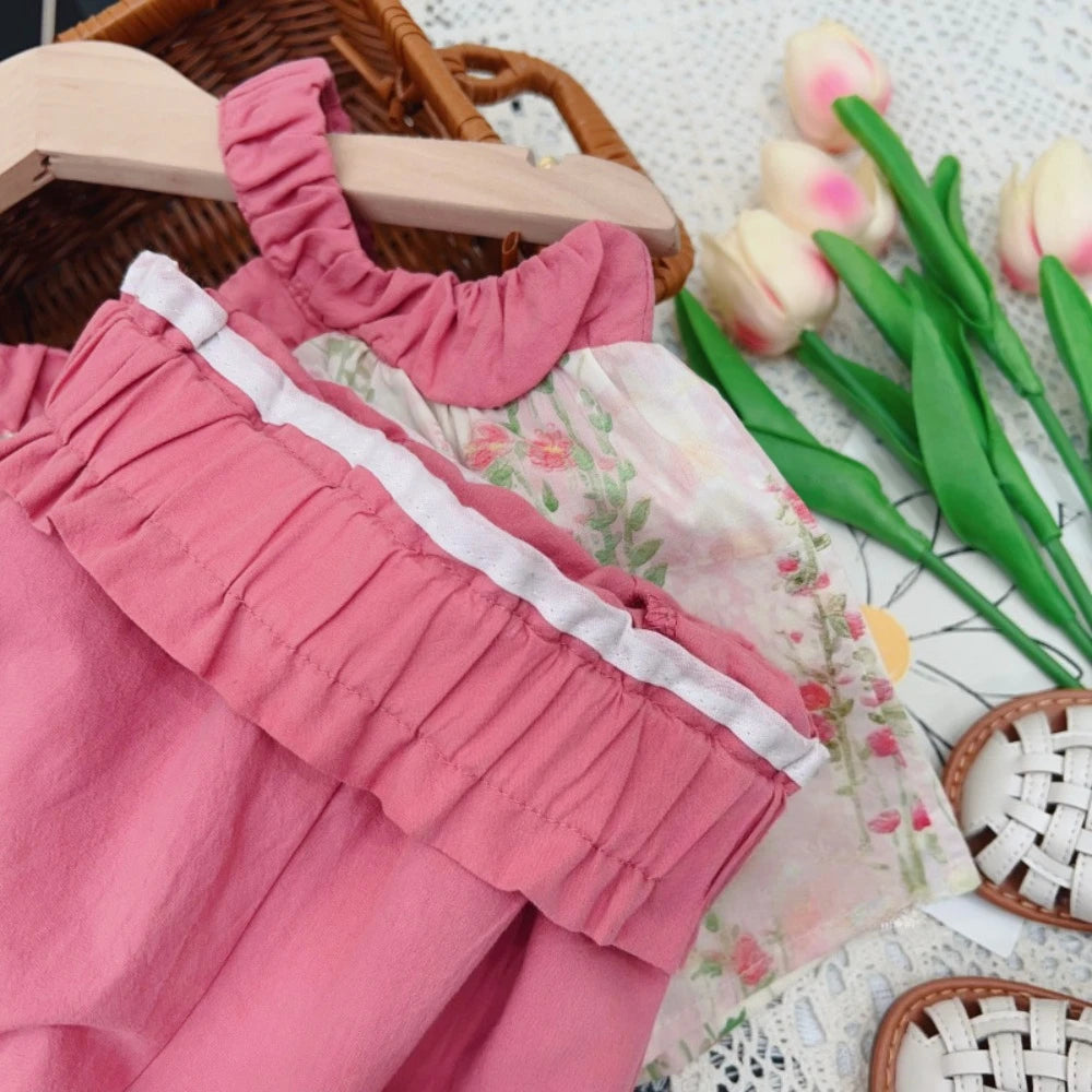 Girl's Pink Flower Camisole Top and wide Leg Pants Two-piece Set Summer 3-7 Years Old