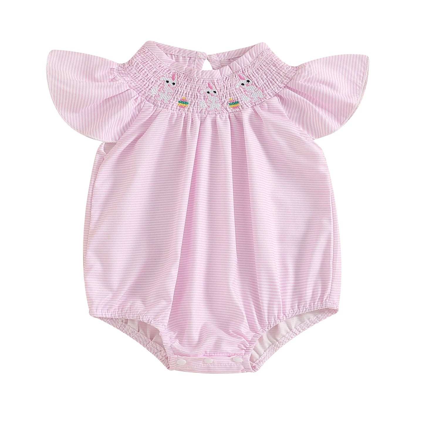 Baby Girls Easter Romper - Rabbit Embroidery Plaid Smocked Jumpsuit