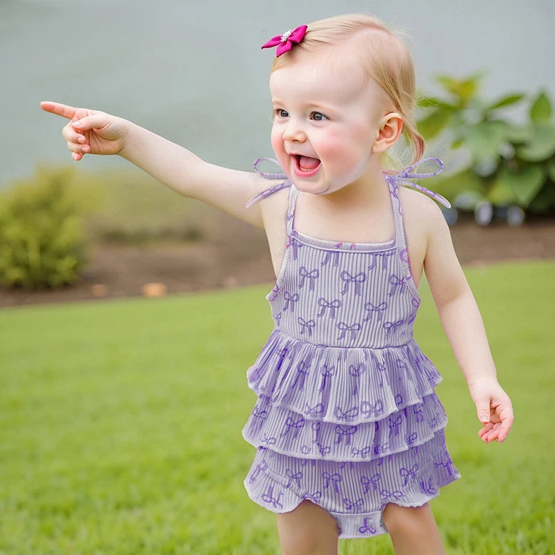 Bow Print Layered Ruffle Spaghetti Strap Baby Romper