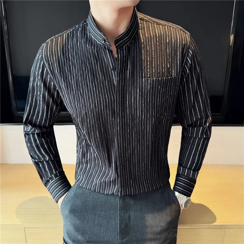 Men's Striped Stand Collar Long Sleeve Single Breasted Shirt