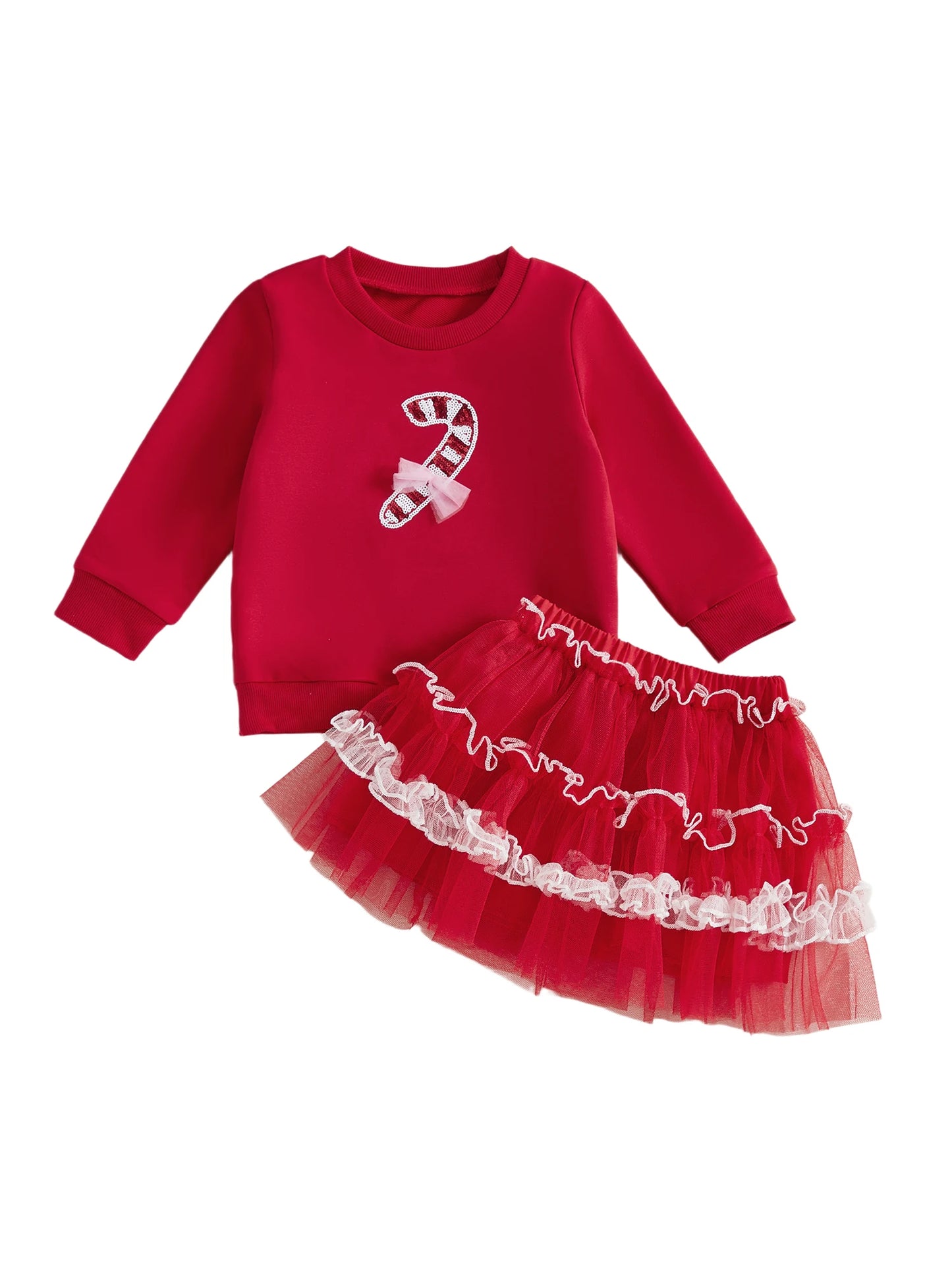 Kids Girls Christmas Outfit Set - Long Sleeve Xmas Embroidery Sweatshirt & Tulle Skirt (0-4Y)