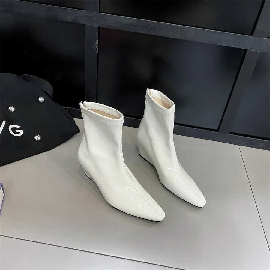 Patent Leather Pointed Toe Chelsea Ankle Boots | Wedge Heel & Rear Zip