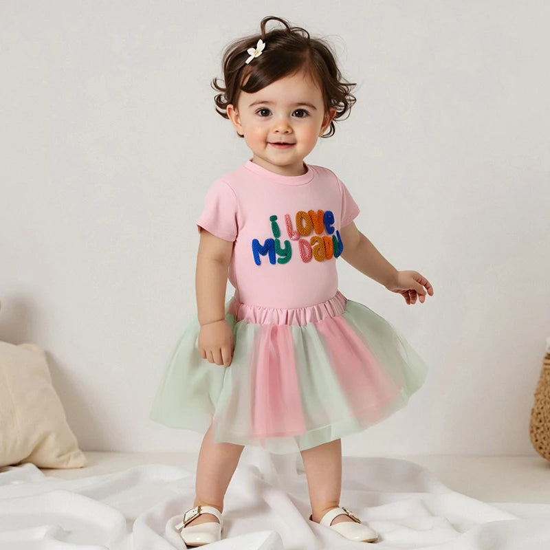 0-5Y Toddler Kids Girls Summer Clothes Sets Letter Embroidery Short Sleeve T-Shirt and Elastic Tulle Skirt