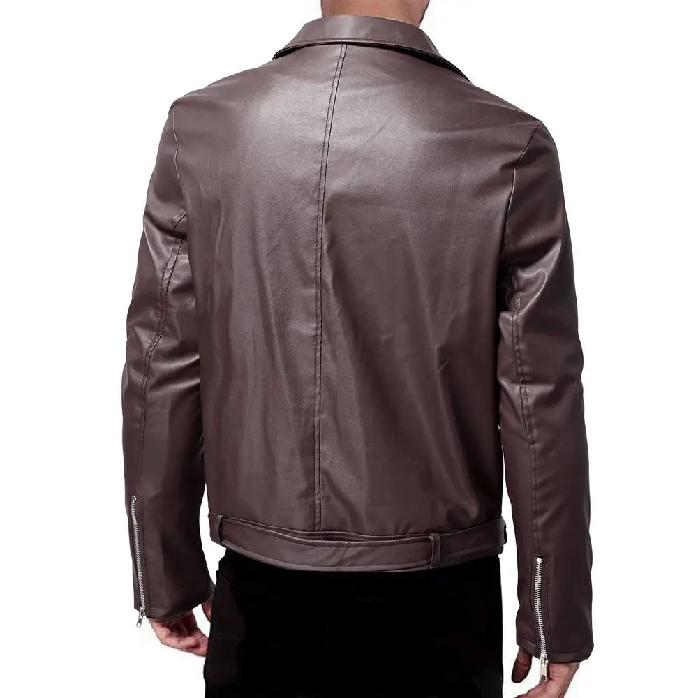 Men's PU Leather Turn Down Collar Motorcycle Jacket Coat