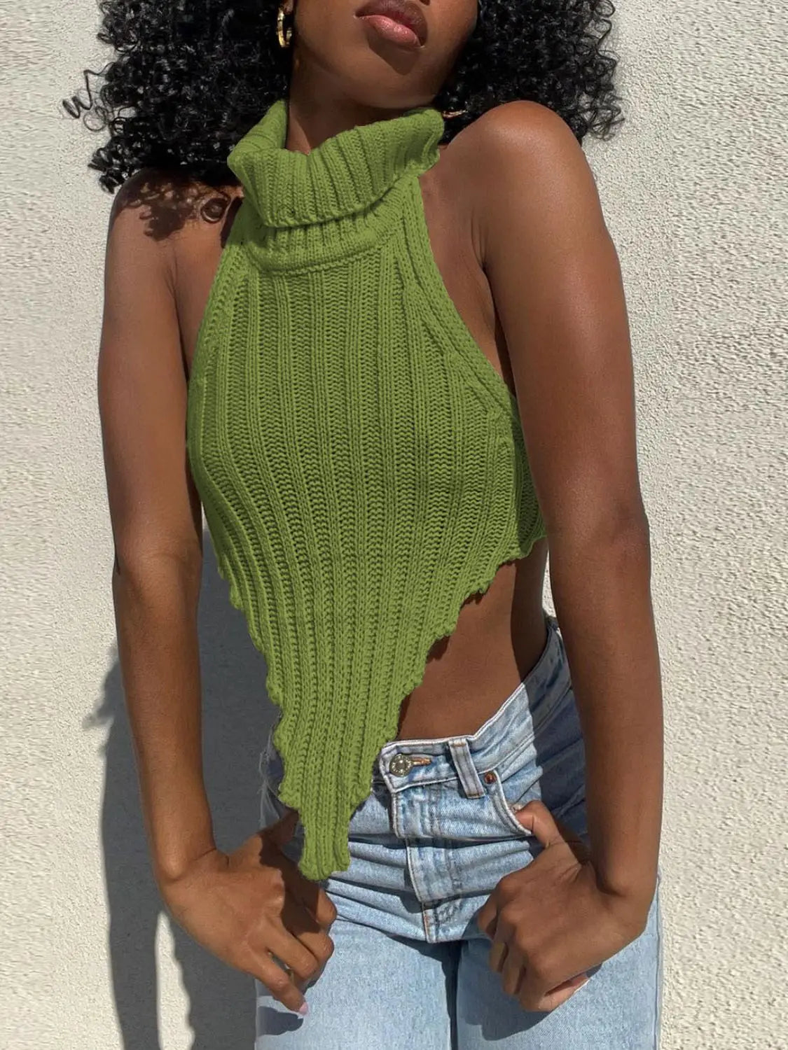 Women's Knitted Turtleneck Crop Top Sleeveless Backless Tanks Cropped Party Club Clothes