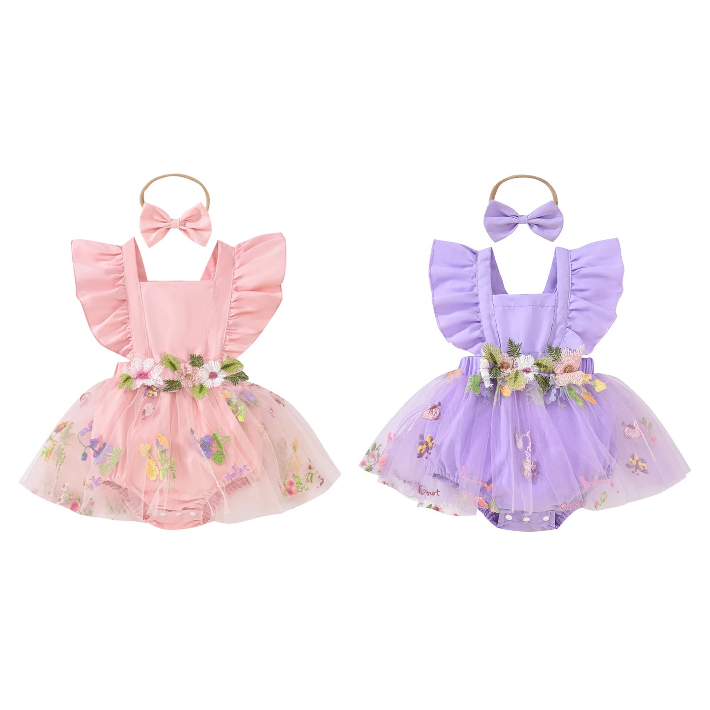 Baby Girls Romper Dress Set - Ruffles Fly Sleeve Flower Embroidery Tulle Jumpsuit