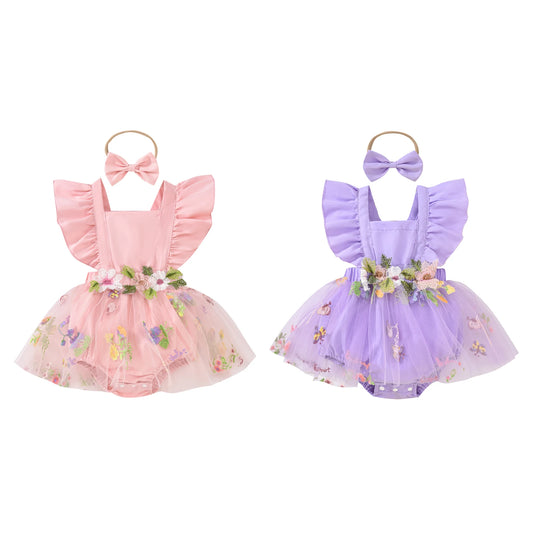 Baby Girls Romper Dress Set - Ruffles Fly Sleeve Flower Embroidery Tulle Jumpsuit