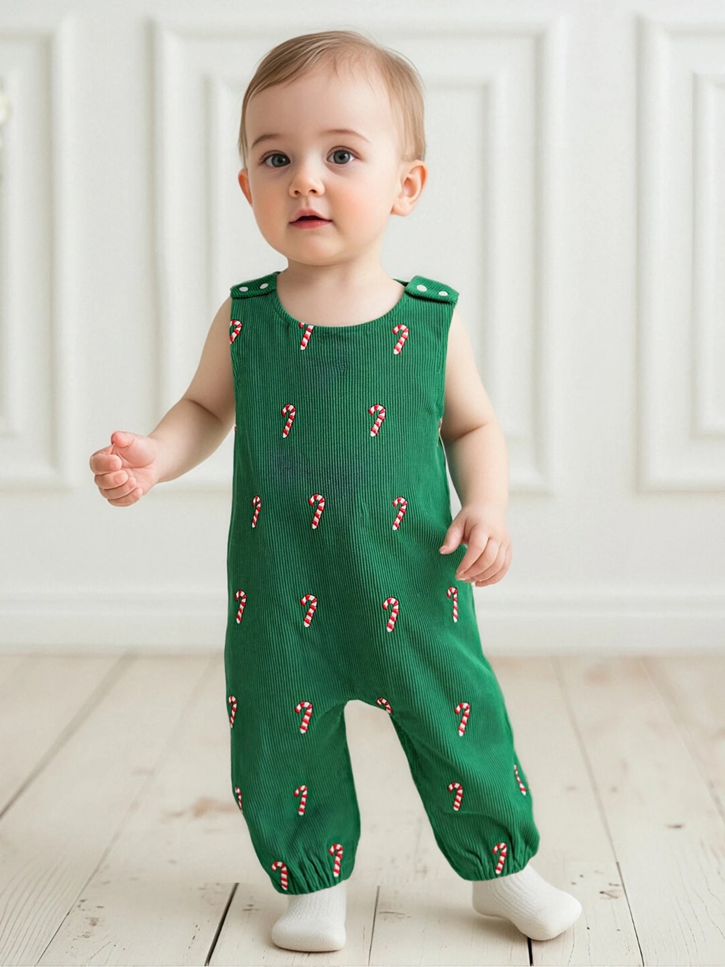 Newborn Baby Boys Christmas Romper - Sleeveless Round Neck Candy Cane Embroidery Jumpsuit