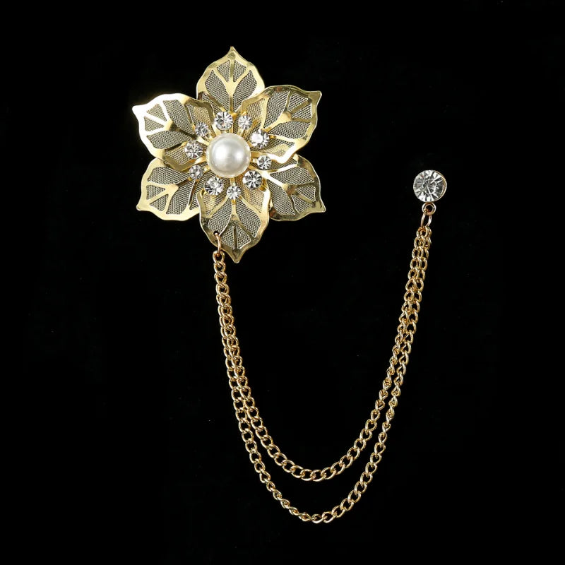 Crystal Pearl Flower Brooch Gold Colour Tassel Chain Lapel Pin