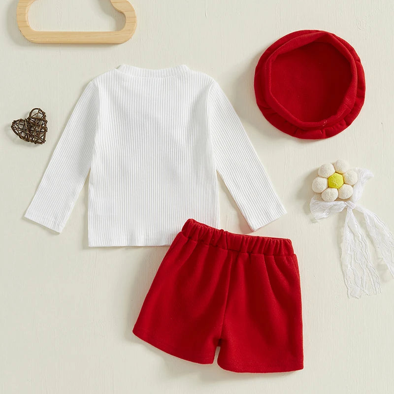 0-3Y Baby Girls Long Sleeve Crew Neck Bowknot Ribbed T-shirt with Shorts and Beanies Hats