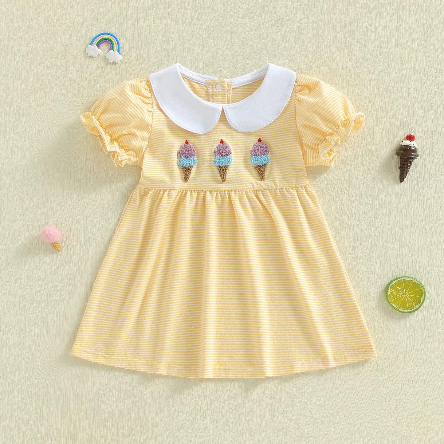 Girls A-Line Dress - Ice Cream Embroidery Striped Doll Collar Dress