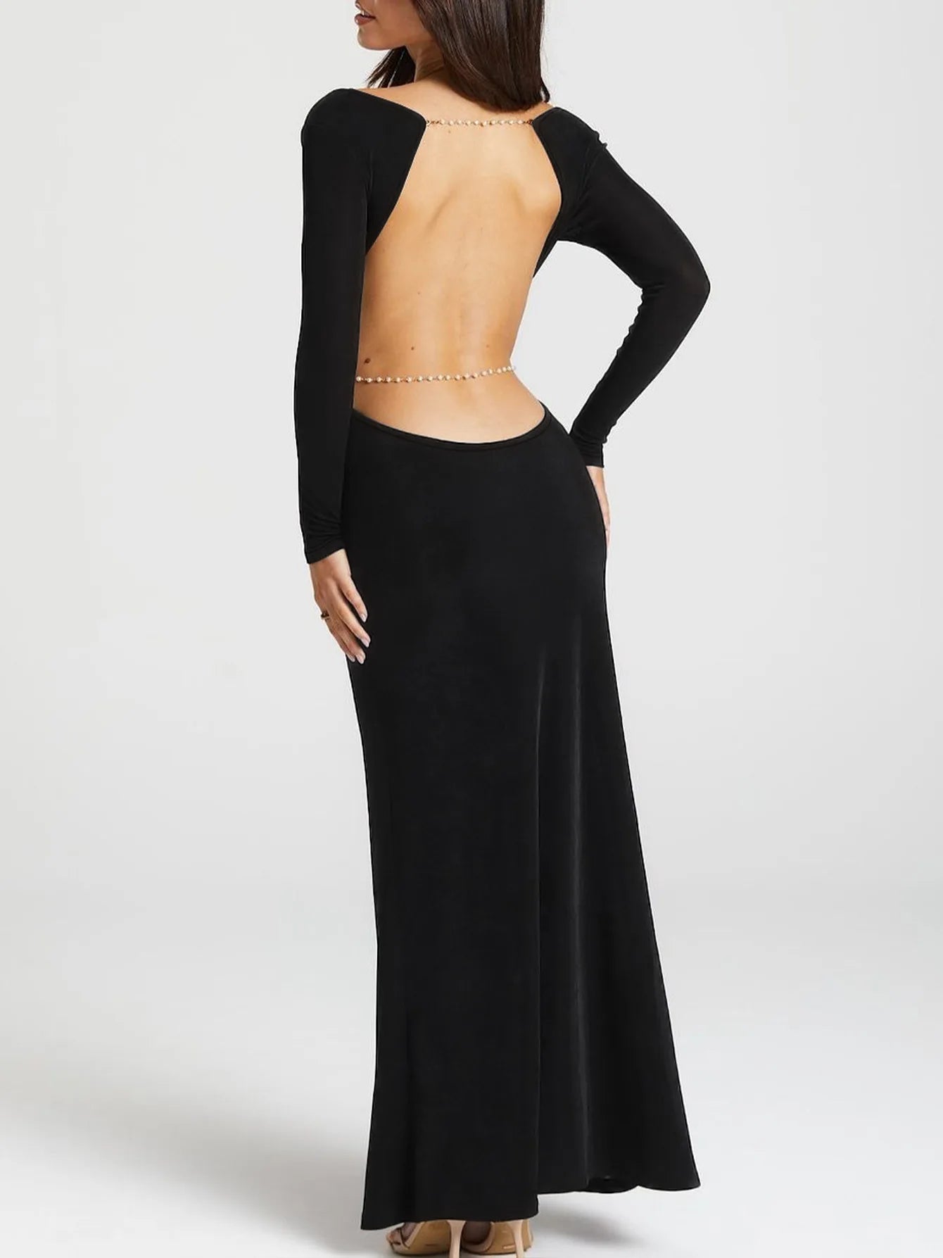 Women's Backless Maxi Dress - Long Sleeve Embellished Chain Gown Dress