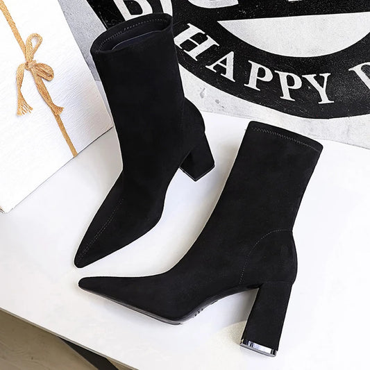 Women's High Heel Suede Ankle Pointed Toe Socks Boots