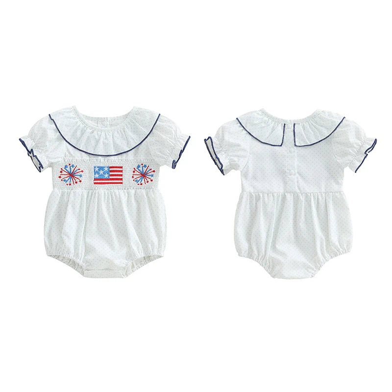 Baby Girls' Independence Day Romper - Dot Print Bow Flag Embroidery Ruffled Jumpsuit