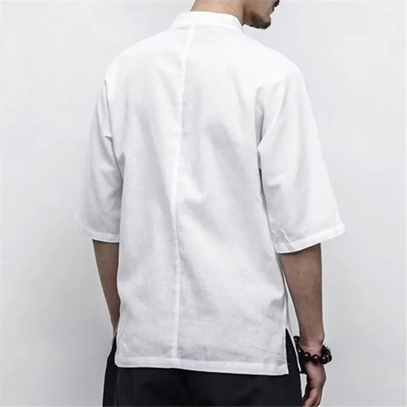 Men's Summer Loose Casual Cotton Linen Half Sleeve Chinese Style Stand Collar Shirt