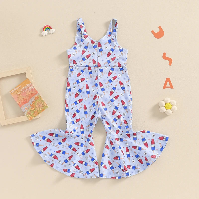 Toddler Kids Girls Jumpsuit - 0-4Y Sleeveless Flower USA Flag Print Bell Bottom Overalls