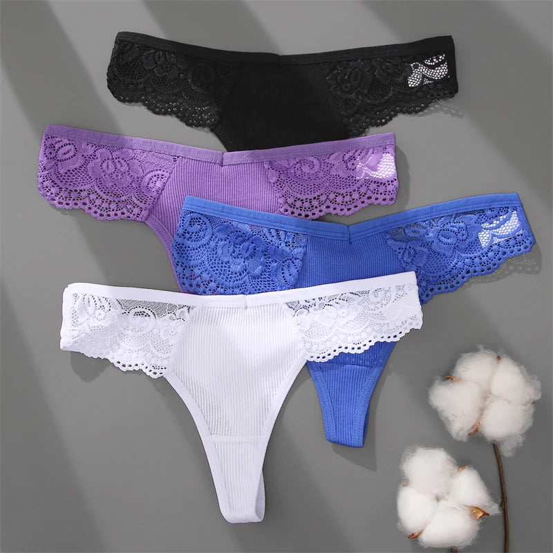 Cotton Lace Thongs - 3 Pack Low Waist Bikini Panties