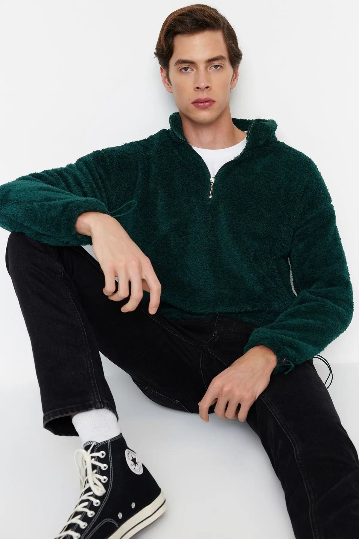 Men's Fabric Loose Plain Plush Standard Sleeve Zippered Standing Collar Sweatshirt