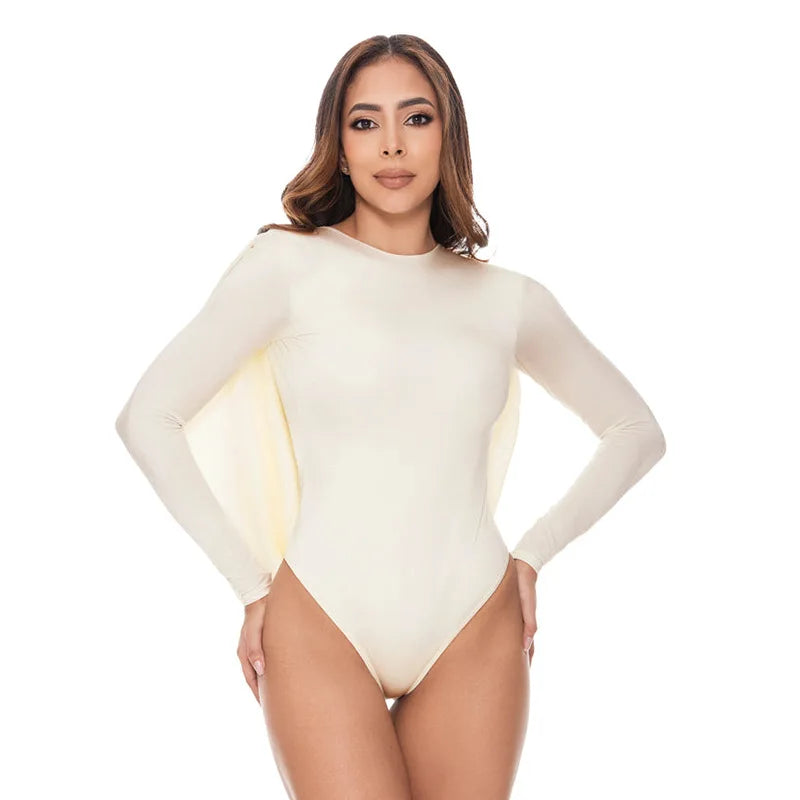 Women's Backless Long Sleeve Top Draped Bodysuit Round Neck Top Coquette