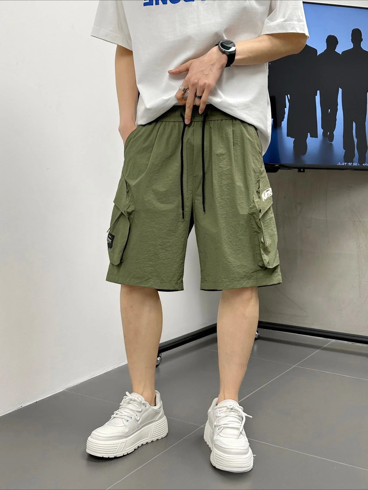 Men's Casual Cargo Shorts Knee Length Summer Drawstring Shorts