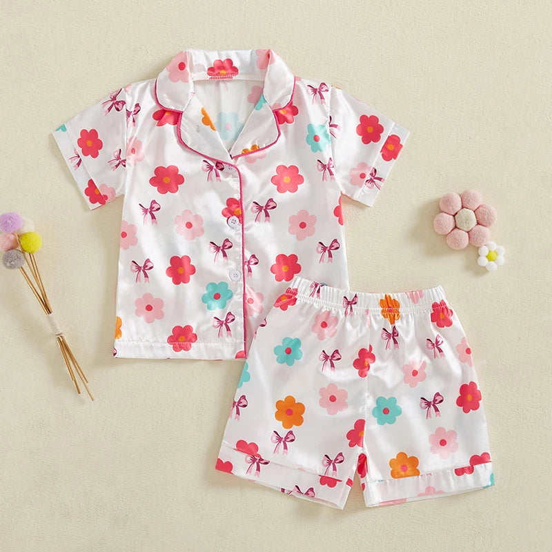 0-4Y Summer  Kids Girls Summer Pyjamas Clothes Sets 2pcs Flower Bow Print Single Breasted Shirts and Shorts