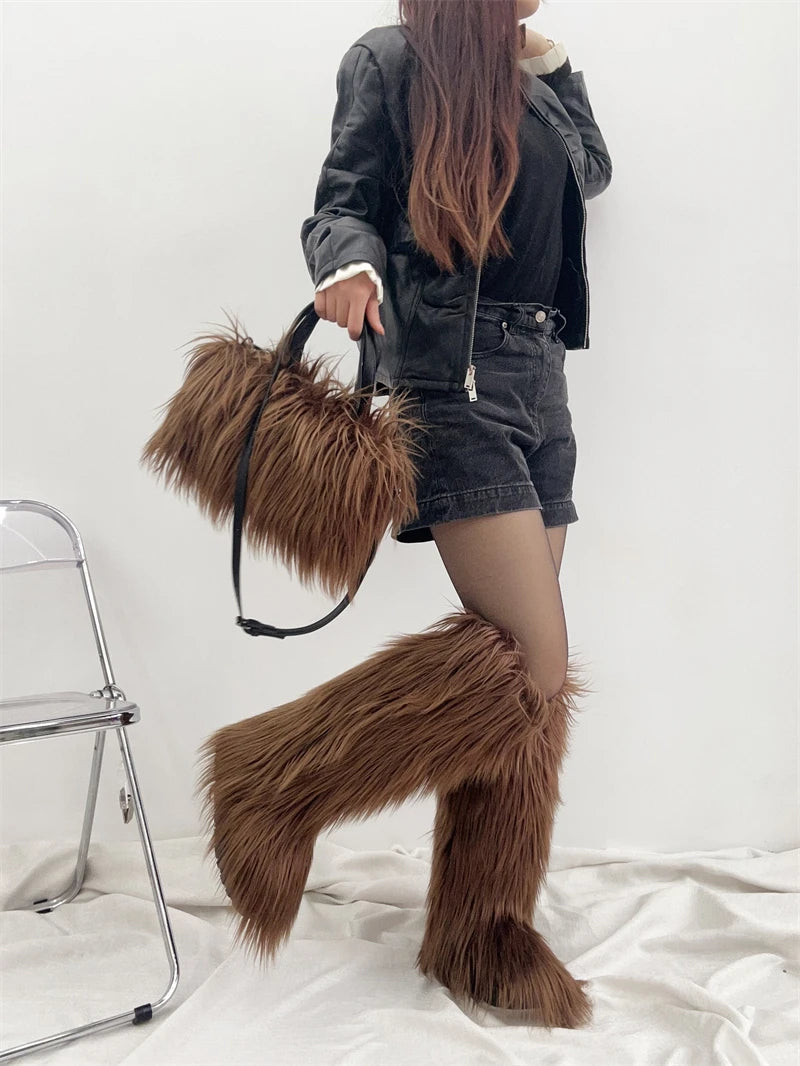 Winter Women Faux Fur Boots And Bag Set - Fluffy Warm Snow Boots Cute Tote Fur Handbag and Platform Plush Boots