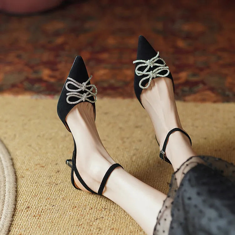 Women's Pointed Toe Rhinestone Wedding Sandals - Bowknot Pendant Pumps