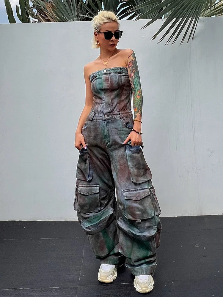 Women's Do Old Jumpsuit  - Strapless Sleeveless High Waist Loose Pant Patchwork Pockets Jumpsuit