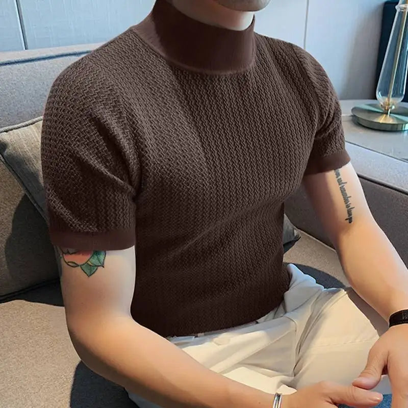 Men Solid Colour Turtleneck  Short Sleeve  T Shirt