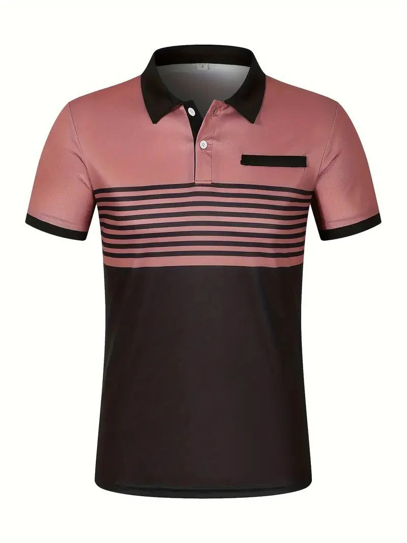Men's Summer Polo Patchwork Short Sleeve Smart Casual Striped Turn Down Collar Shirt