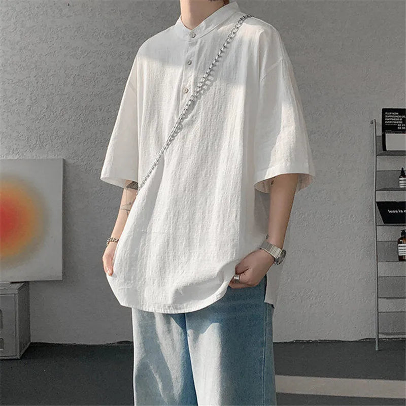 Men's Summer Henry Collar Cotton Linen  Loose Breathable Casual Short Sleeve Shirt