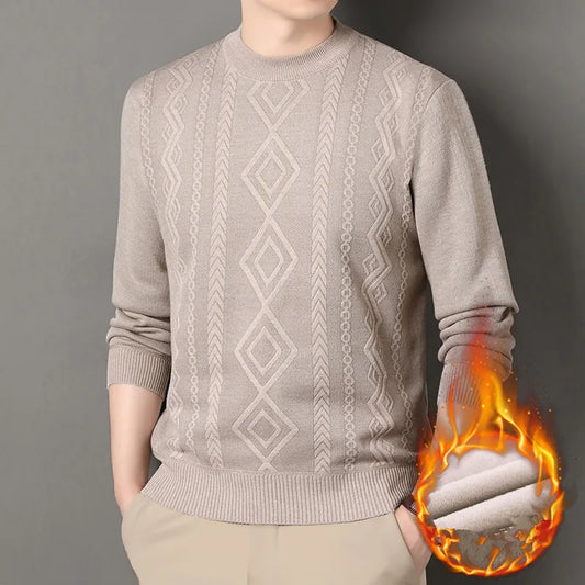 O-Neck Fleece Pullover - Thick Knitted Geometric Sweater