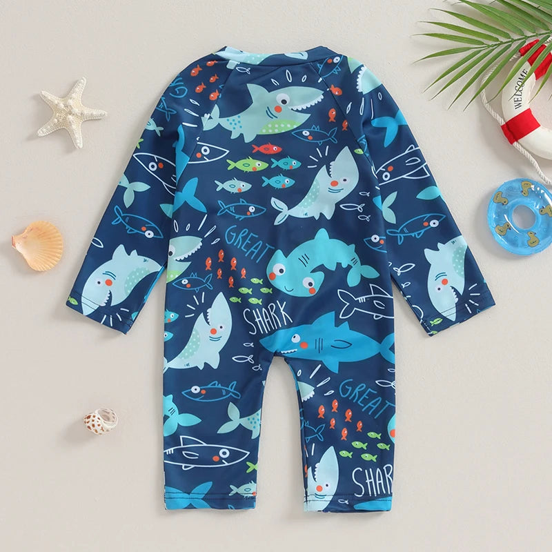 0-24M Infant Baby Boys Swimsuit - Long Sleeve Zip-up Shark/Spider Print Swimwear