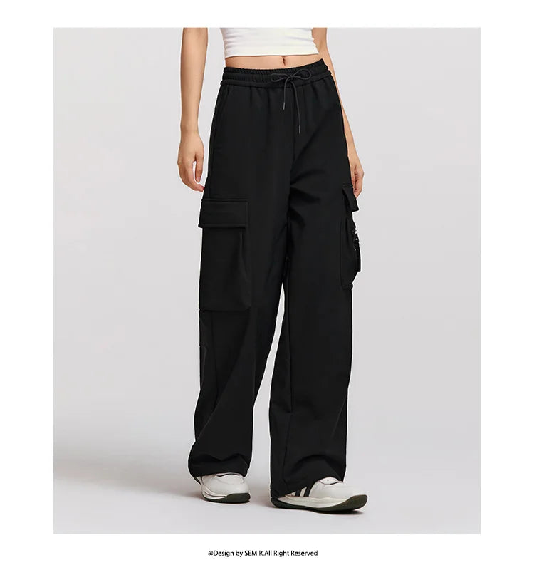 Winter Women's Fleece Wide Leg Pants - Black Cargo Streetwear Casual