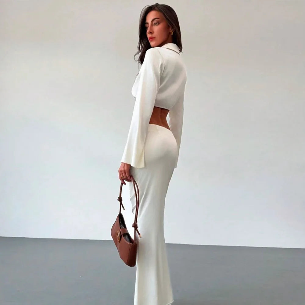 Women's Satin Long Sleeve 2 Piece Set - Deep V Neck Cropped Top & Matching Bottom