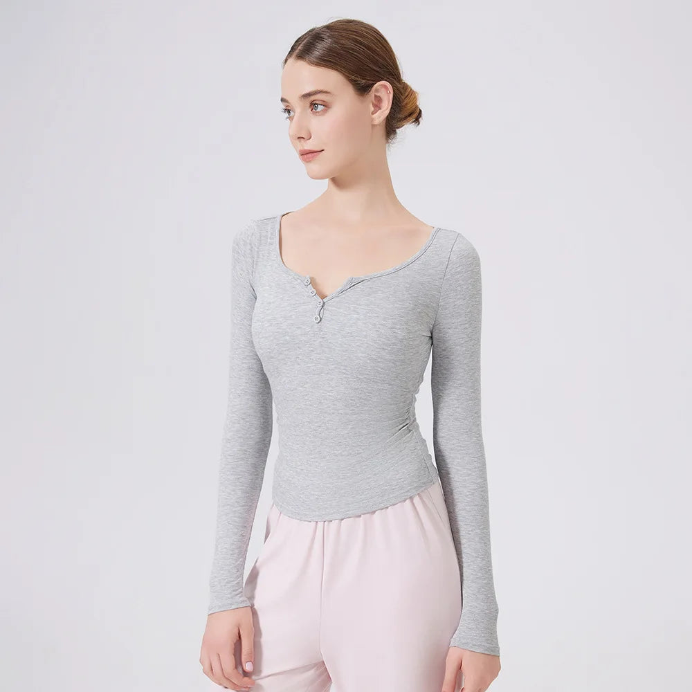 Women's Long Sleeve V-Neck Yoga Shirt - Slim Fit Breathable Workout Top