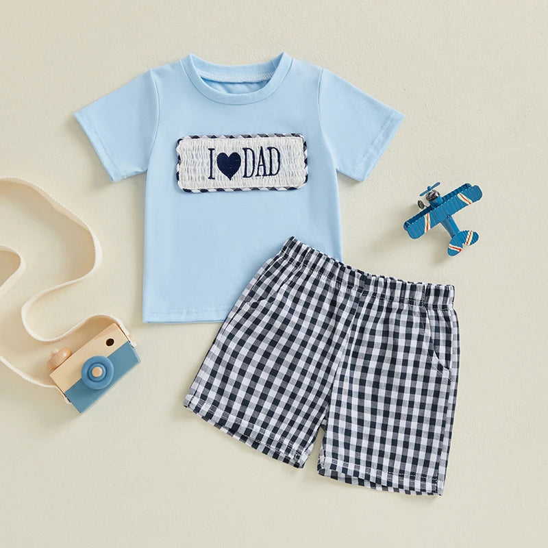 Baby Boys' Father's Day Outfit Set - Letter Heart Embroidery T-Shirt & Plaid Shorts 2pcs
