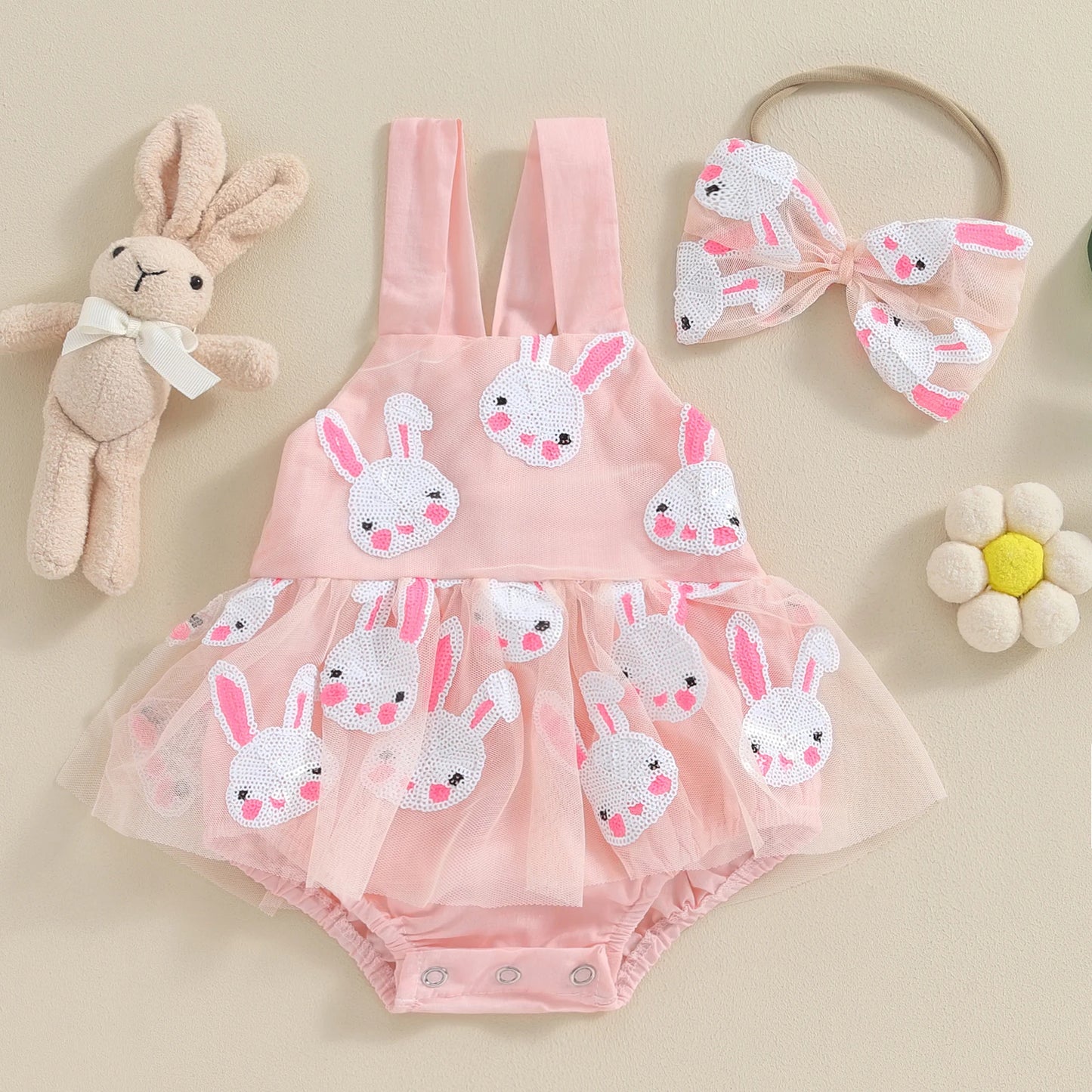 0-7Y Baby Girls Easter Sleeveless Dress/Romper Tie-Up Spaghetti Strap Sequin Rabbit Pattern Tulle A-Line Dress