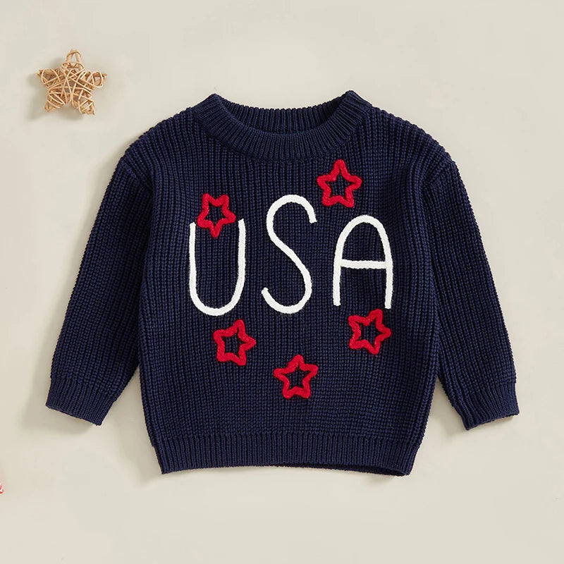 0-5Y USA Kids Boys Girls Sweater Letter Star Embroidery Long Sleeve Crew Neck Knitted Pullover Tops