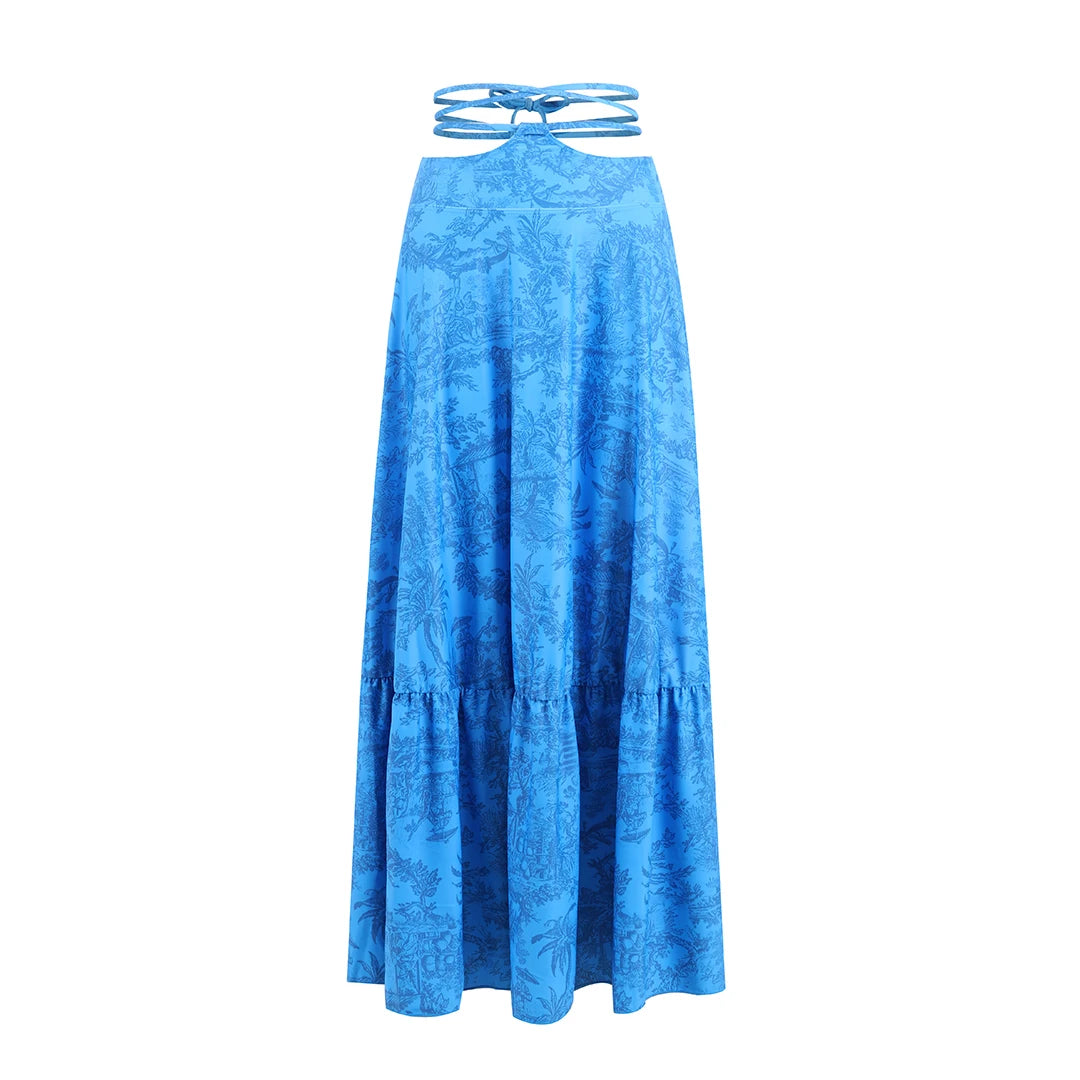Women's Printed Strapless Bra Top & A-Line Maxi Skirt Three-Piece Beach Set