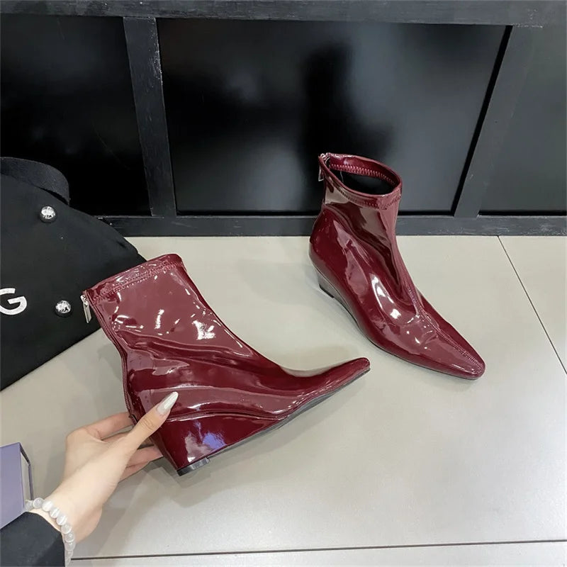 Patent Leather Pointed Toe Chelsea Ankle Boots | Wedge Heel & Rear Zip